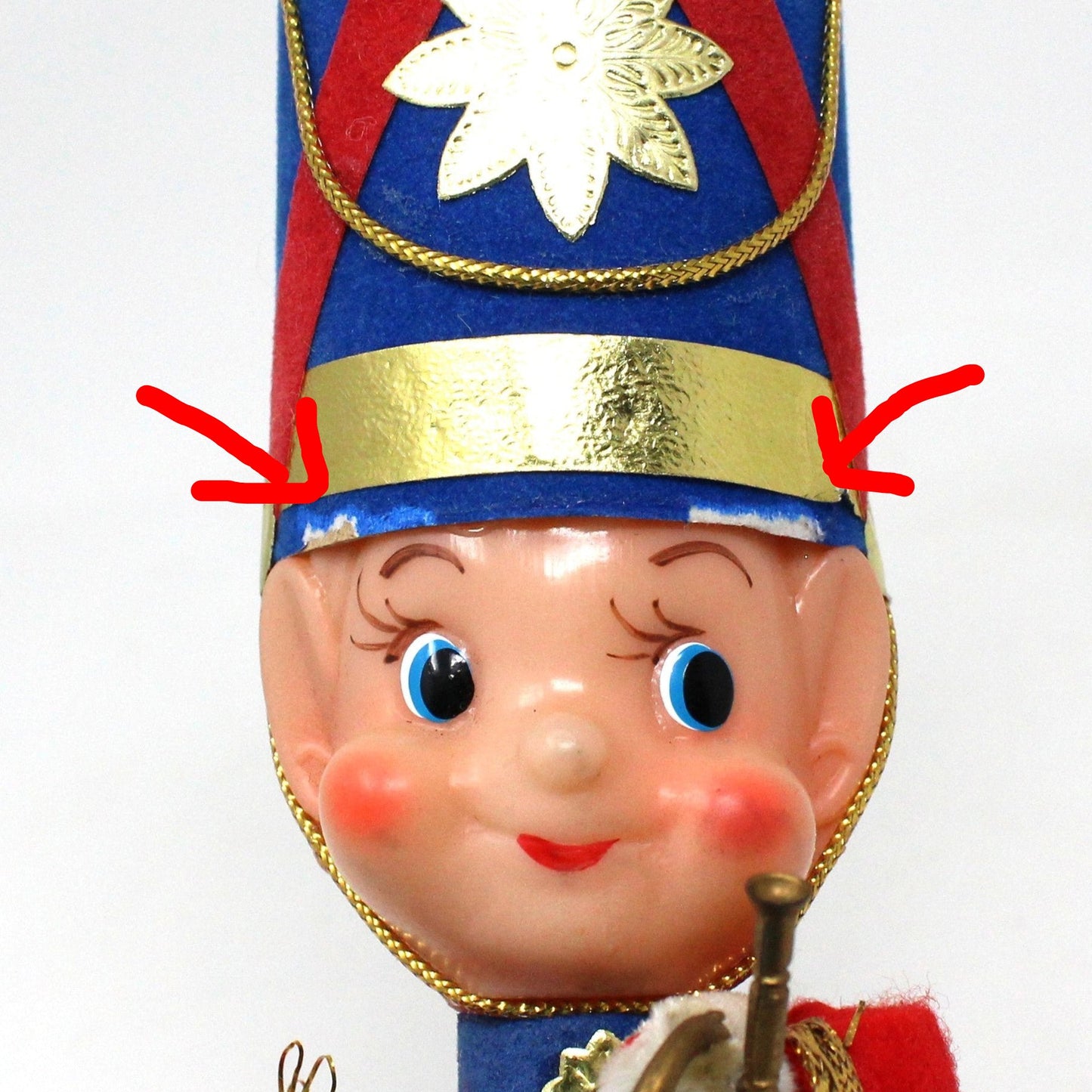 Ornaments, Toy Solider / Marching Band Trumpet Player Head, Christmas Flocked Elf, Kitsch, Vintage