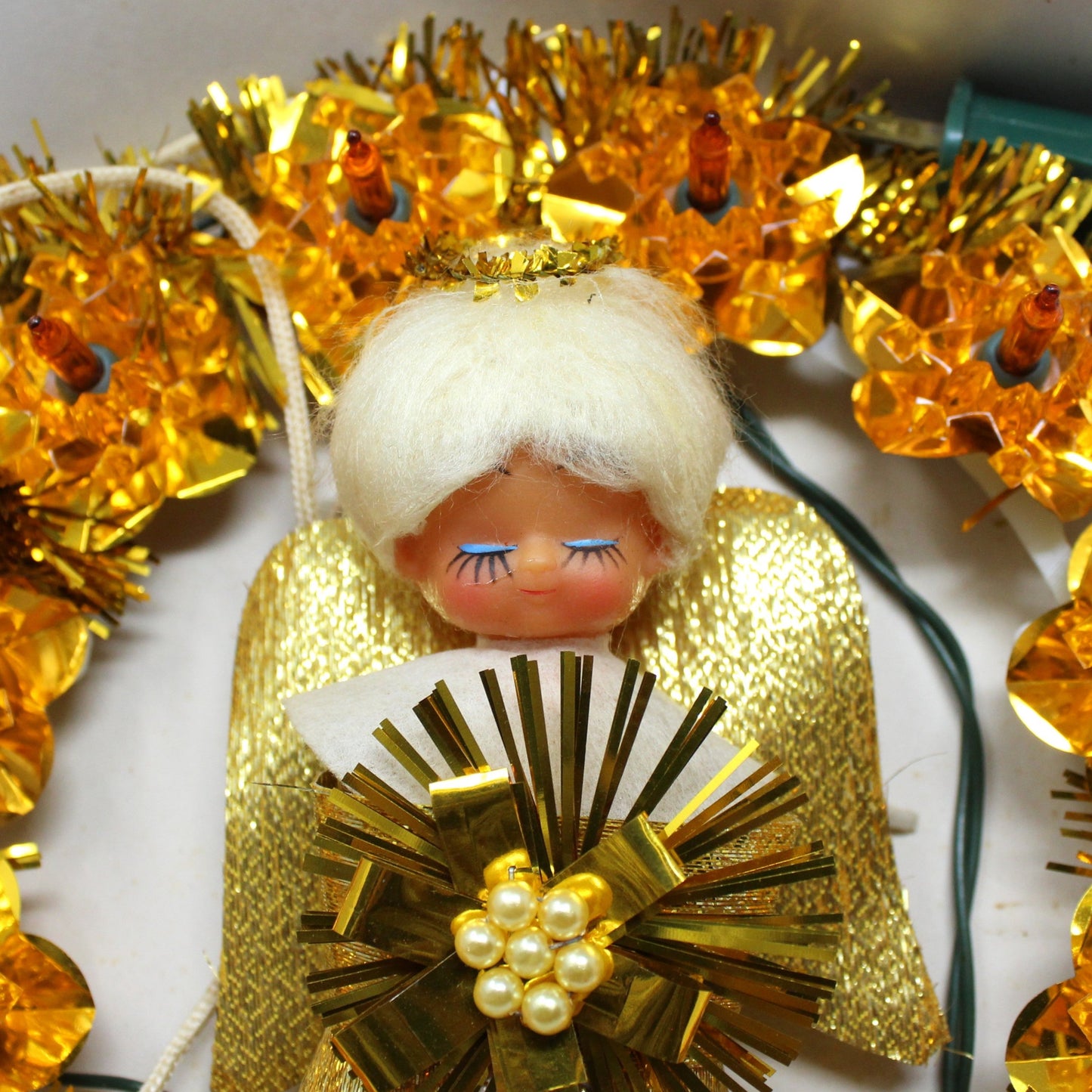 Tree Topper, Christmas Angel, Mid Century Gold Reflective Foil Tree Topper, Round, Vintage