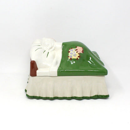 Cookie Jar, Storage Box, Santa in Bed Sleeping, Alberta Molds,  Night After XMas Box, Hand Painted Ceramic, Vintage