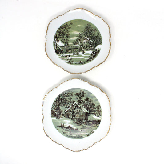 Decorative Plates, Currier & Ives, Farmer's Home In Winter, The Old Homestead in Winter, Set of 2, Vintage