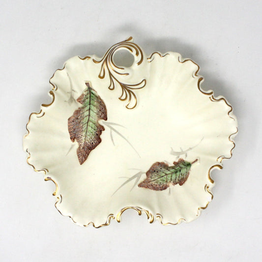 Trinket Dish, EW NIKONIKO, Leaf Shaped Dish, Hand Painted Fall Leaves, Fluted Border, Vintage