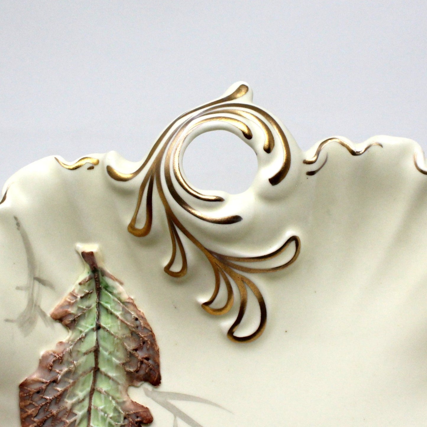 Trinket Dish, EW NIKONIKO, Leaf Shaped Dish, Hand Painted Fall Leaves, Fluted Border, Vintage