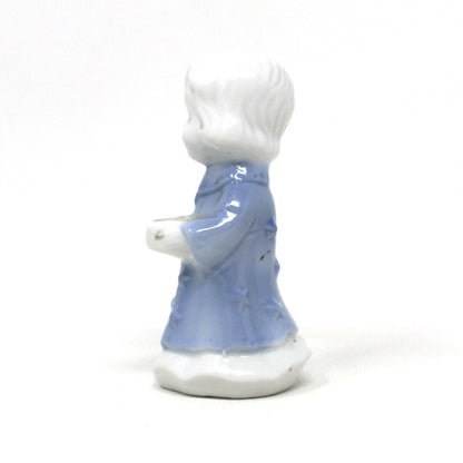 Candle Holders, Berman & Anderson Caroler Girl Figurine, Porcelain, Blue & White, Vintage