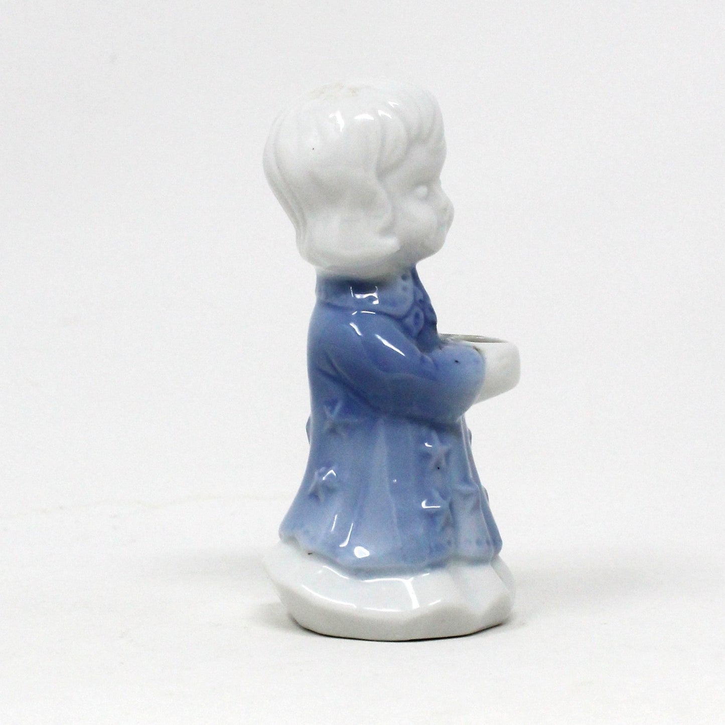 Candle Holders, Berman & Anderson Caroler Girl Figurine, Porcelain, Blue & White, Vintage