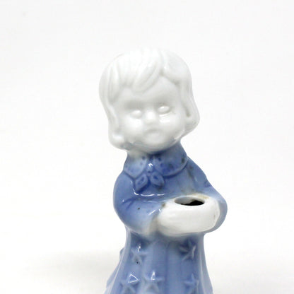 Candle Holders, Berman & Anderson Caroler Girl Figurine, Porcelain, Blue & White, Vintage