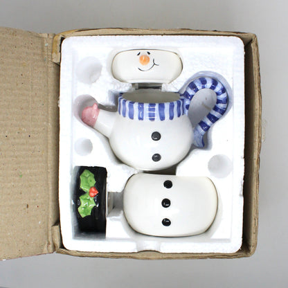 Teapot for One, Stackable Teapot & Cup Snowman with Shakers, Christmas Holiday Ceramic