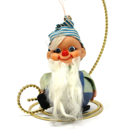 Ornaments, Elf with Overalls and Long Beard, Blue & White, Christmas Kitsch, Germany, Vintage