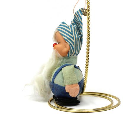 Ornaments, Elf with Overalls and Long Beard, Blue & White, Christmas Kitsch, Germany, Vintage