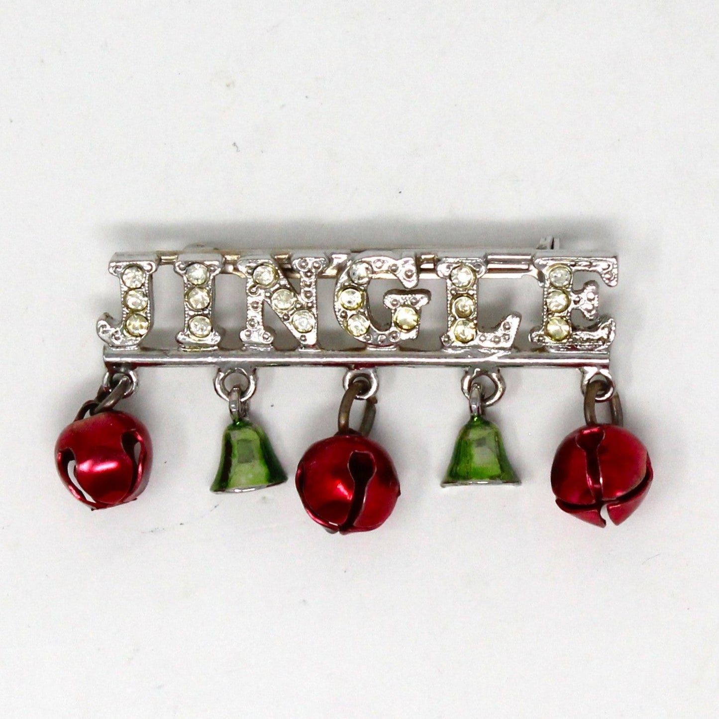 Brooch / Pin, Christmas Holiday JINGLE Bells and Rhinestones, Silver Tone Bar Sleigh Bells Pin, Vintage