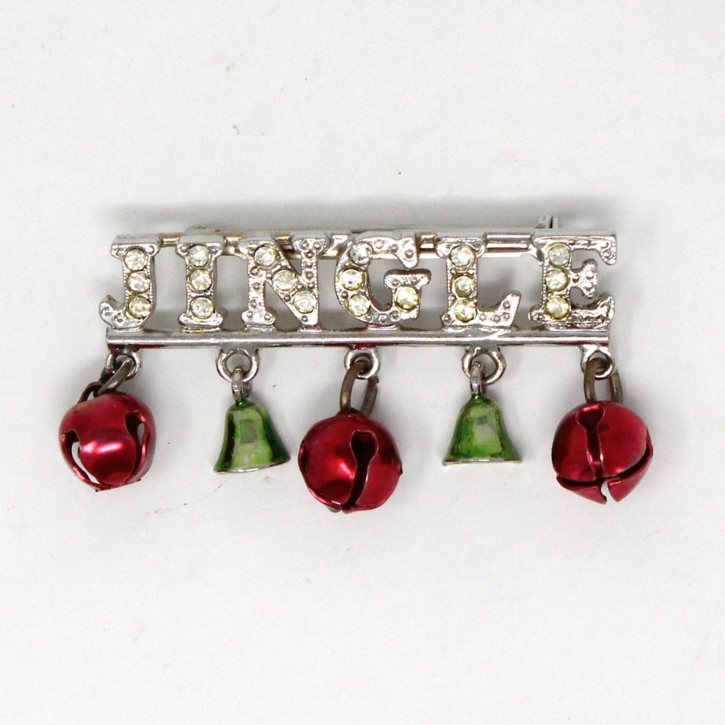 Brooch / Pin, Christmas Holiday JINGLE Bells and Rhinestones, Silver Tone Bar Sleigh Bells Pin, Vintage