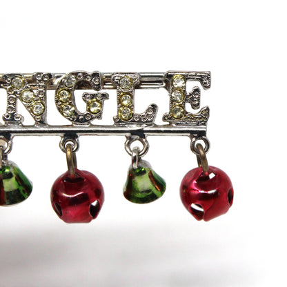 Brooch / Pin, Christmas Holiday JINGLE Bells and Rhinestones, Silver Tone Bar Sleigh Bells Pin, Vintage