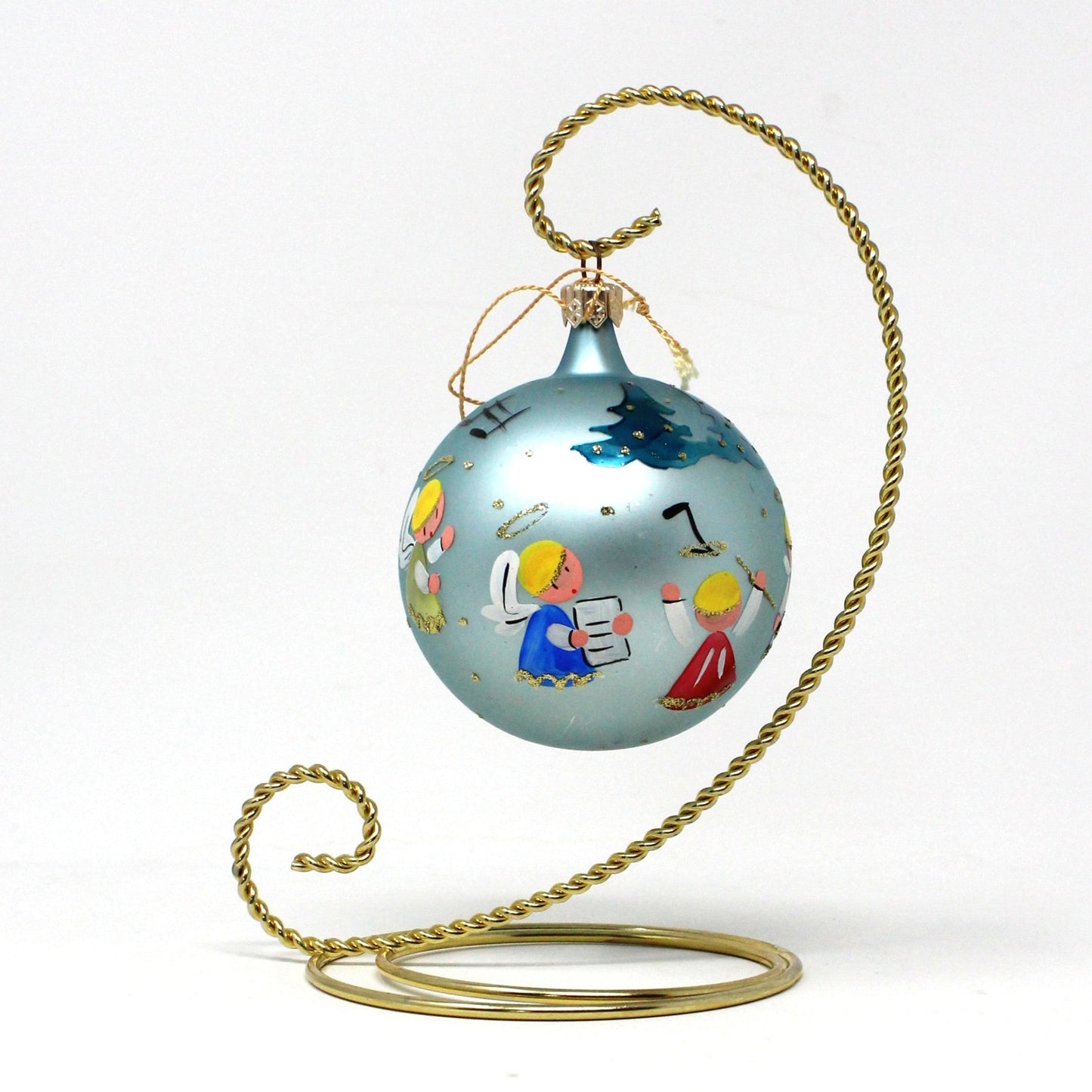 Ornaments, Glass Ball, Hand Painted Angels Choir, Gold Glitter, Germany Original, Vintage