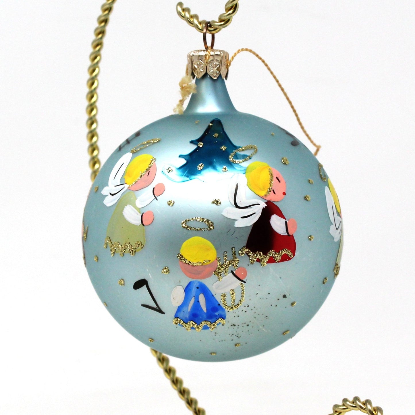 Ornaments, Glass Ball, Hand Painted Angels Choir, Gold Glitter, Germany Original, Vintage