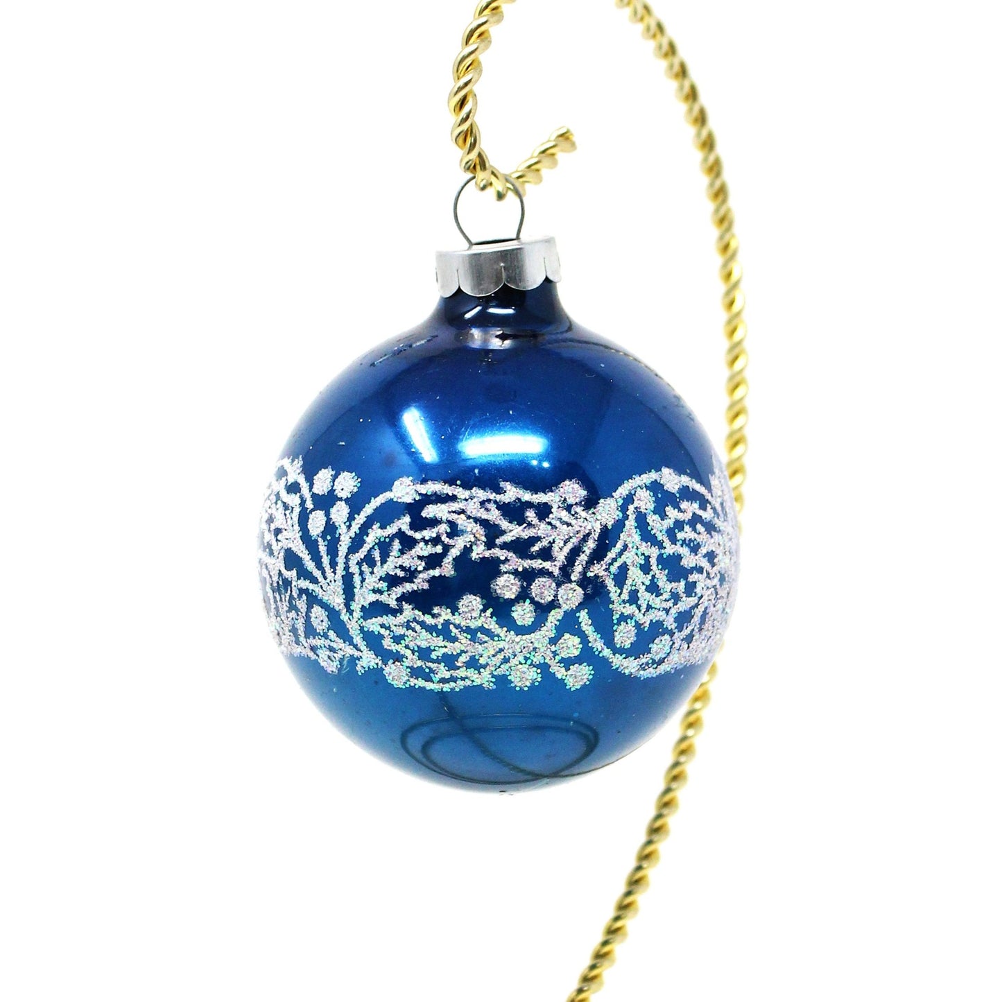 Ornaments, Glass Ball, Blue with White Stencil Glitter Holly and Berries, Original, Vintage