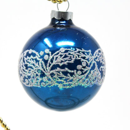 Ornaments, Glass Ball, Blue with White Stencil Glitter Holly and Berries, Original, Vintage