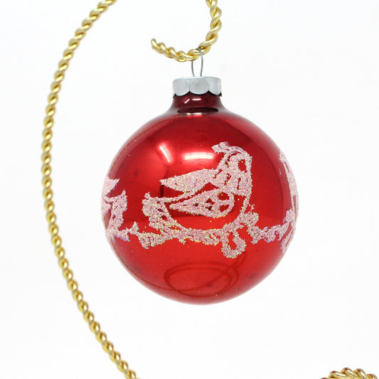 Ornaments, Glass Ball, Red with Stenciled Bird / Partridge White Glitter, Original, Vintage