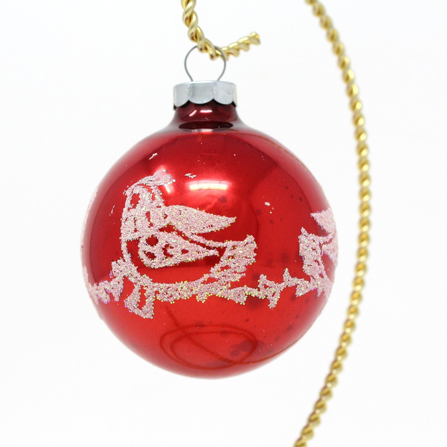 Ornaments, Glass Ball, Red with Stenciled Bird / Partridge White Glitter, Original, Vintage