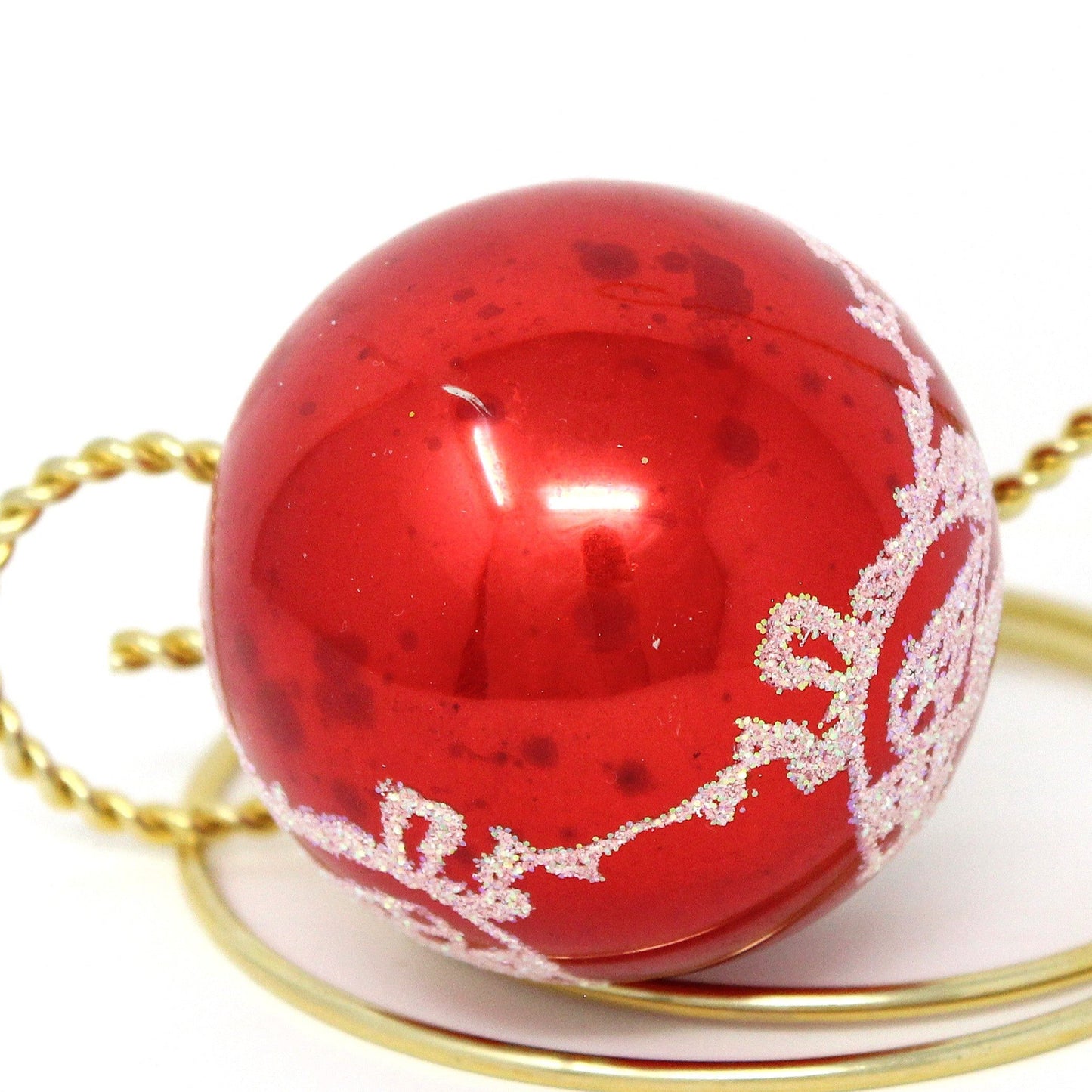 Ornaments, Glass Ball, Red with Stenciled Bird / Partridge White Glitter, Original, Vintage