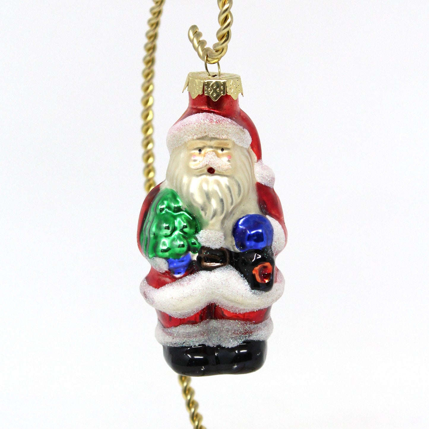 Ornaments, Figural Santa with Christmas Tree, Glitter, Glass Ornament, Vintage