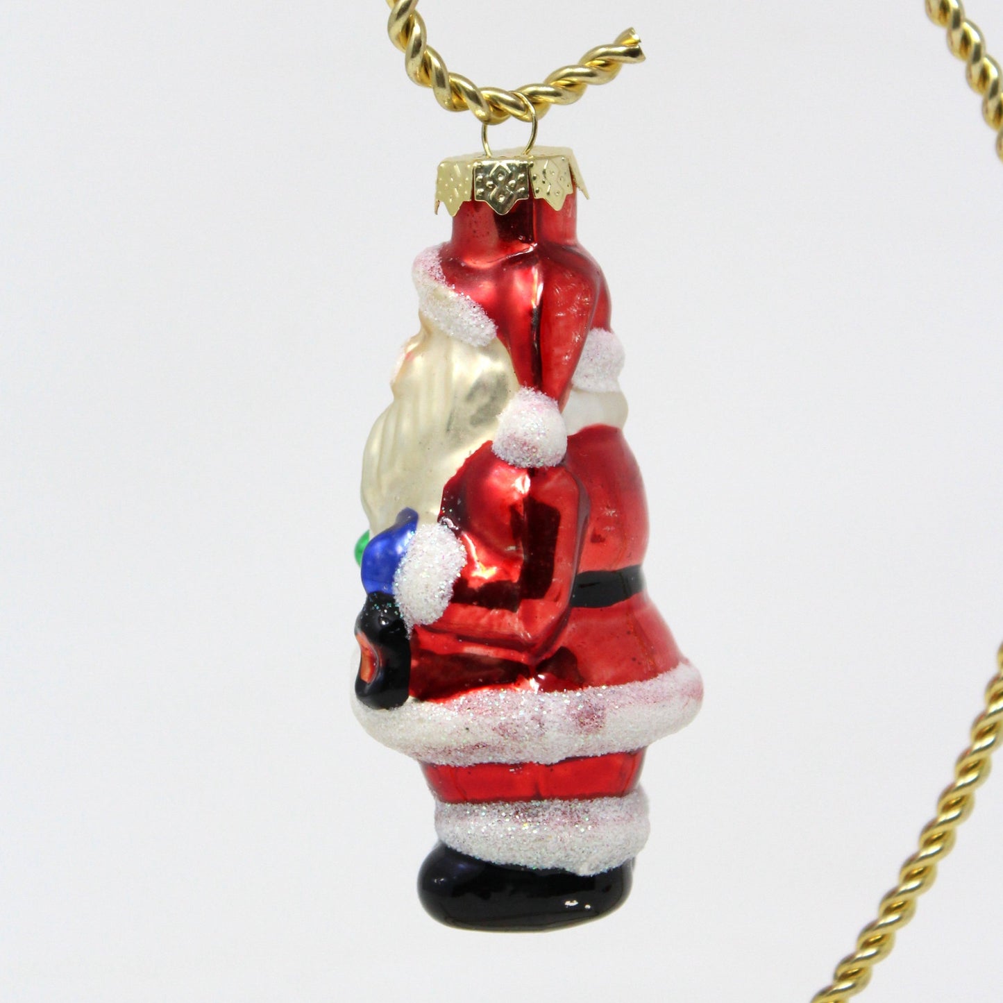 Ornaments, Figural Santa with Christmas Tree, Glitter, Glass Ornament, Vintage