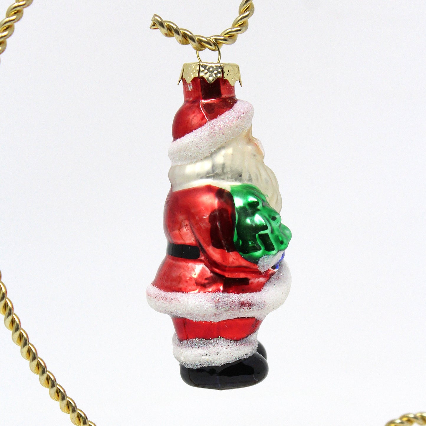 Ornaments, Figural Santa with Christmas Tree, Glitter, Glass Ornament, Vintage