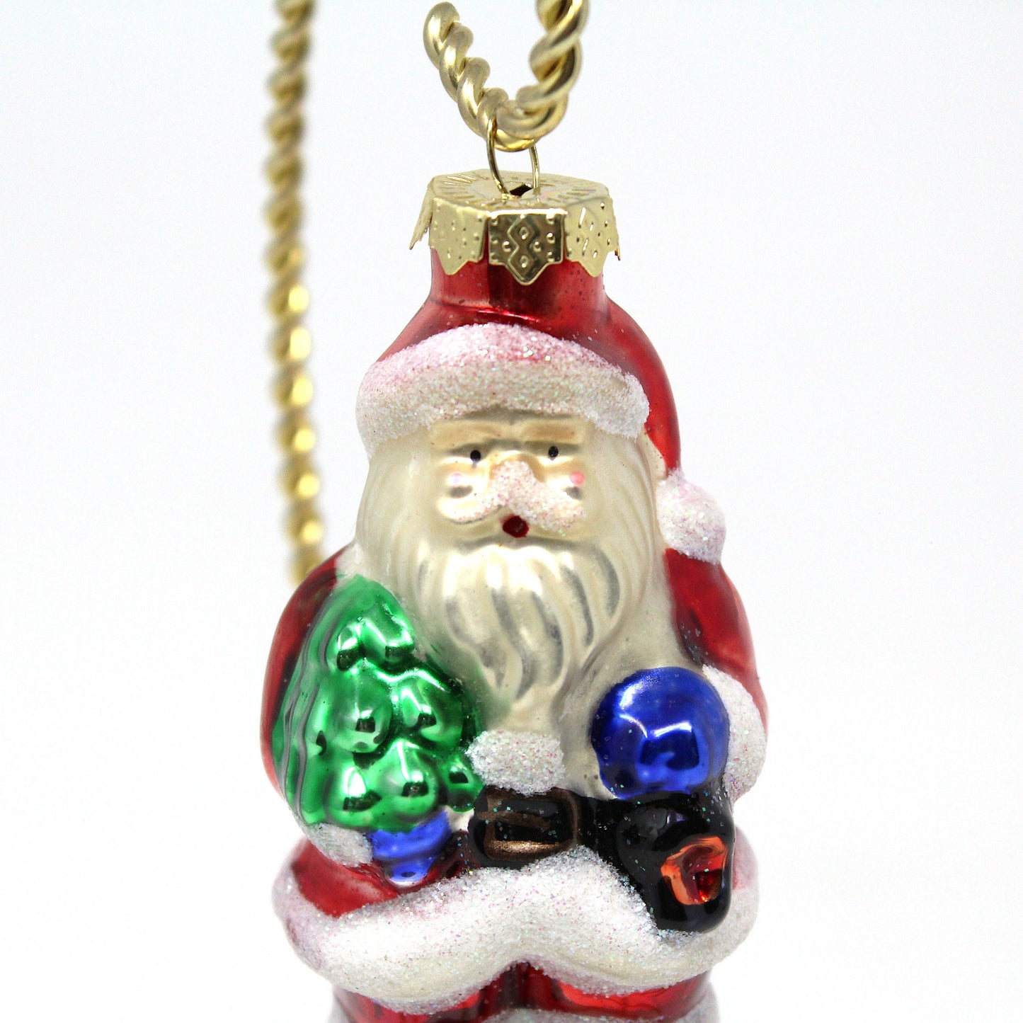 Ornaments, Figural Santa with Christmas Tree, Glitter, Glass Ornament, Vintage