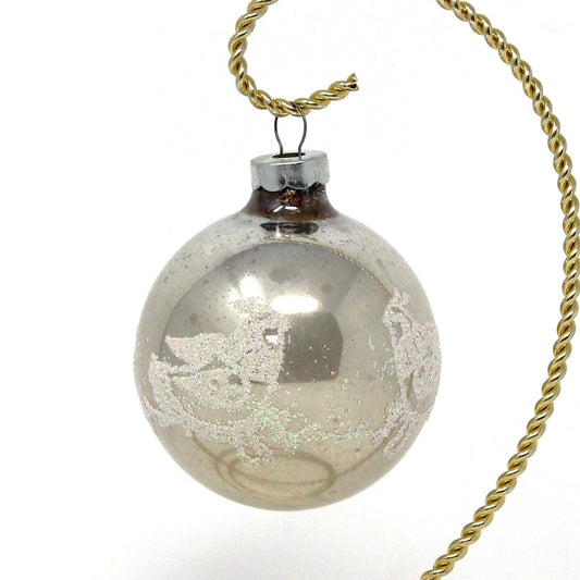 Ornaments, Glass Ball, Silver with Stenciled Bird / Partridge, White Glitter, Original, Vintage