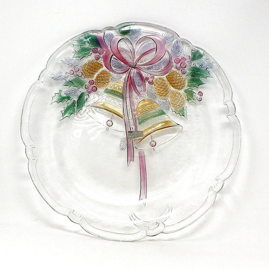 Platter, Mikasa, Holiday Bells, Embossed Glass, Round Serving Plate, Vintage