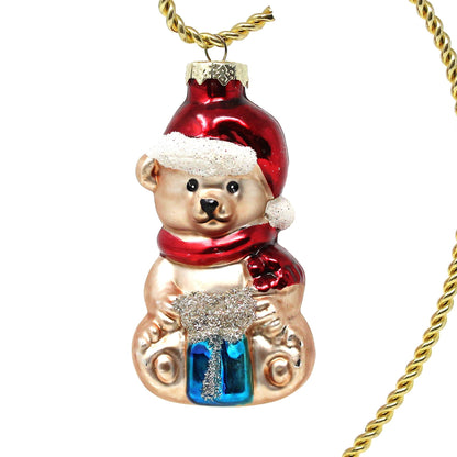 Ornaments, Set of 3, Figural Teddy Bears with Santa Hat, Glitter, Blown Glass, Vintage