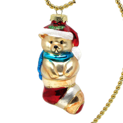 Ornaments, Set of 3, Figural Teddy Bears with Santa Hat, Glitter, Blown Glass, Vintage