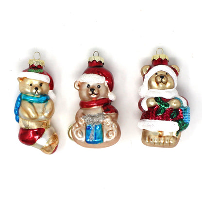 Ornaments, Set of 3, Figural Teddy Bears with Santa Hat, Glitter, Blown Glass, Vintage