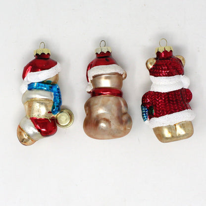 Ornaments, Set of 3, Figural Teddy Bears with Santa Hat, Glitter, Blown Glass, Vintage