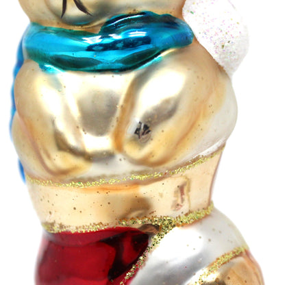 Ornaments, Set of 3, Figural Teddy Bears with Santa Hat, Glitter, Blown Glass, Vintage