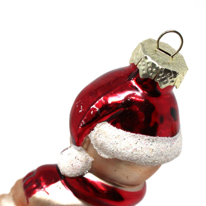 Ornaments, Set of 3, Figural Teddy Bears with Santa Hat, Glitter, Blown Glass, Vintage