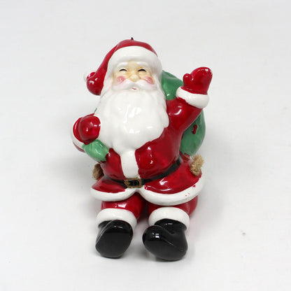 Ornaments, Santa Claus with Large Gift Sack, Dangling Movable Legs, Mervyn's, Ceramic