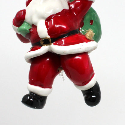 Ornaments, Santa Claus with Large Gift Sack, Dangling Movable Legs, Mervyn's, Ceramic