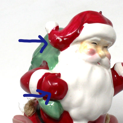 Ornaments, Santa Claus with Large Gift Sack, Dangling Movable Legs, Mervyn's, Ceramic