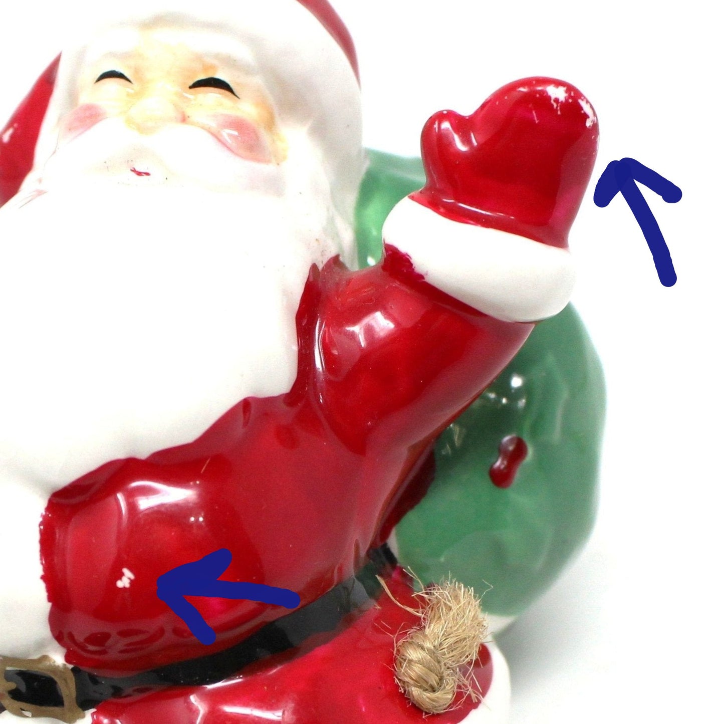 Ornaments, Santa Claus with Large Gift Sack, Dangling Movable Legs, Mervyn's, Ceramic