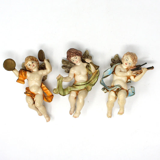 Ornaments, Cherub Angels Playing Musical Instruments, Set of 3, Italy, Hand Painted, Vintage