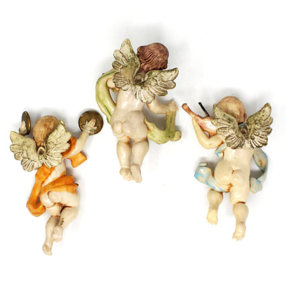 Ornaments, Cherub Angels Playing Musical Instruments, Set of 3, Italy, Hand Painted, Vintage