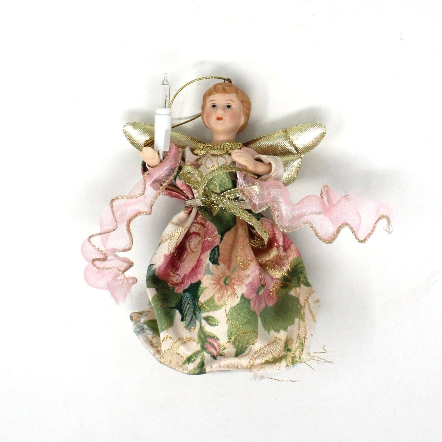 Ornaments, Lighted Angel, Porcelain & Brocade Fabric, Gold Wings, Vintage