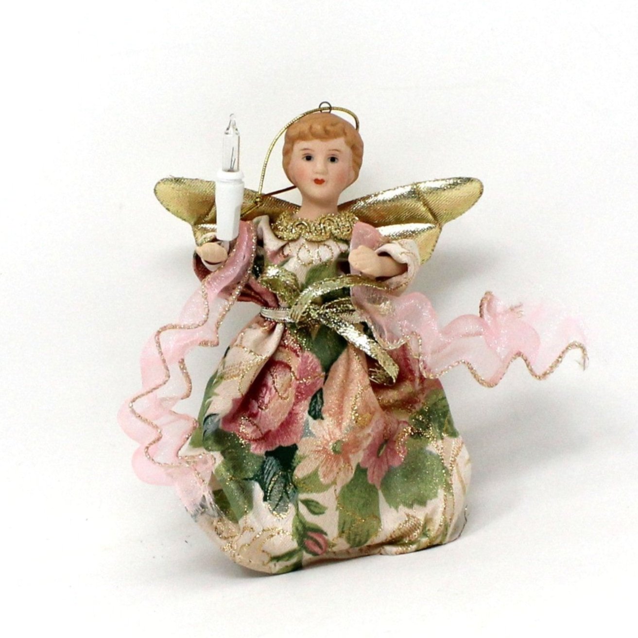 Ornaments, Lighted Angel, Porcelain & Brocade Fabric, Gold Wings, Vintage