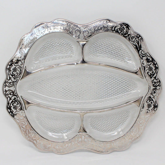 Divided Relish Tray, Cambridge Glass, Silver Overlay Filigree, Vintage