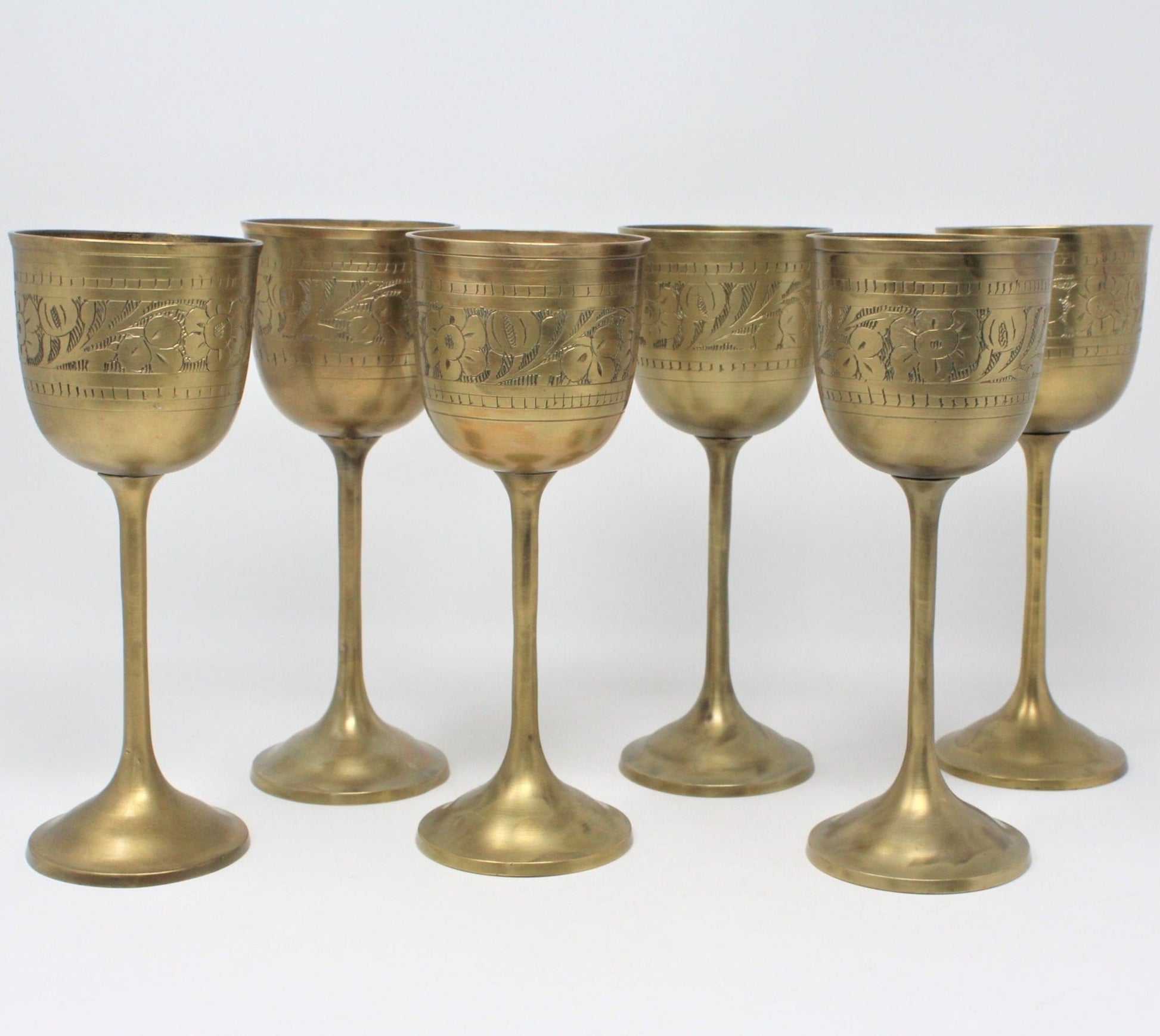 Wine Glasses, Hand Carved Brass, Set of 6, Vintage – Antigo Trunk