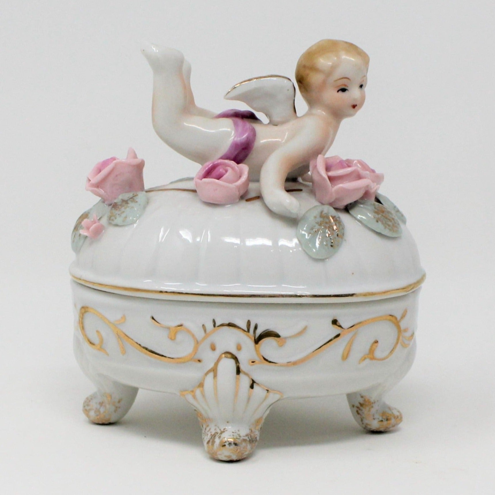 VTG Fiorucci Jewelry Trinket Box Athena USA Classic Cherub Angels Ceramic store 2pc