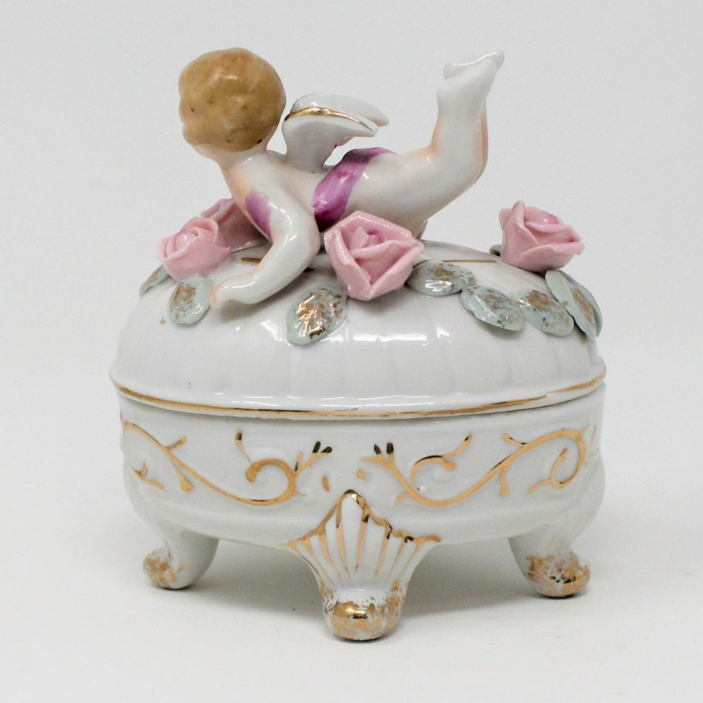 Trinket Box, Ucagco, Cherub Angel, Hand Painted, Porcelain Applied Roses, Vintage
