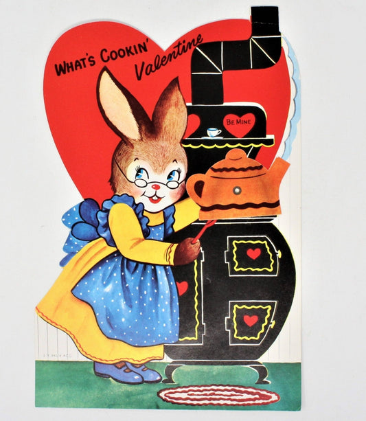 Greeting Card / Valentine, Movable, Bunny in Kitchen, Large 9", Unused, Vintage