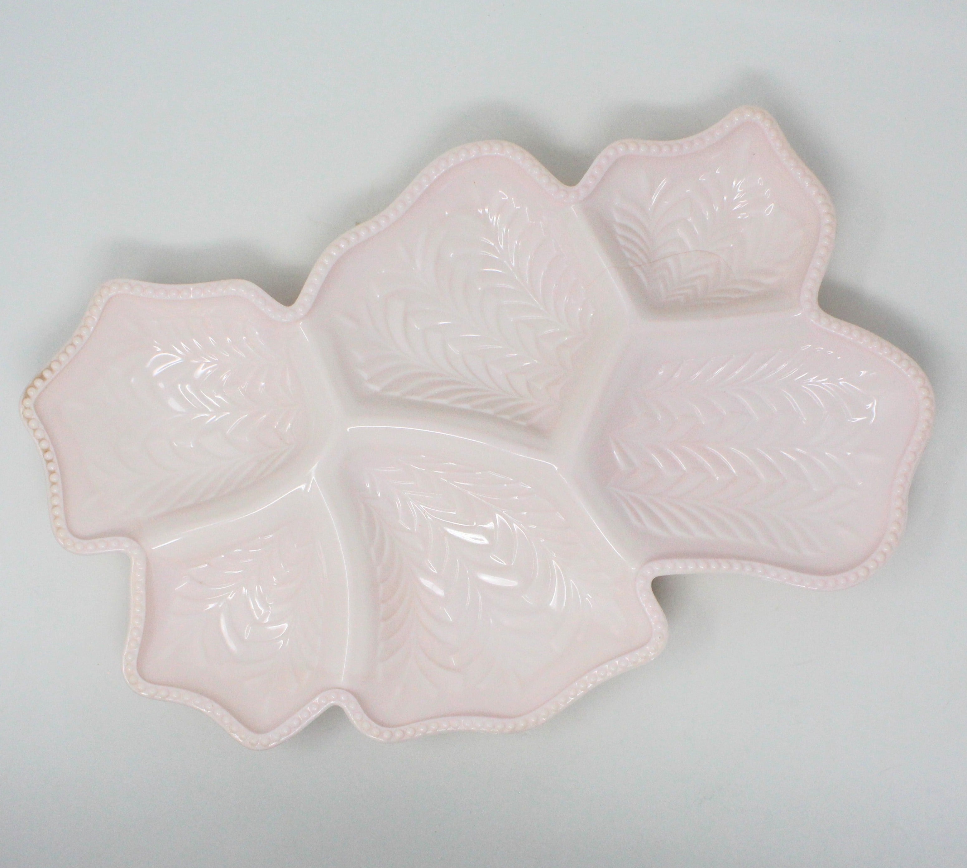 RARE Vintage Jeanette top Pink Milk Glass Divided Embossed Tray Vanity Dish