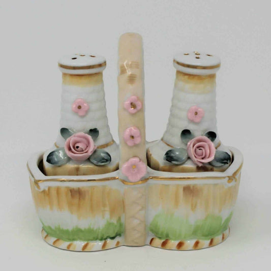 Salt and Pepper Shakers, Basket with Pink Roses, Porcelain Japan