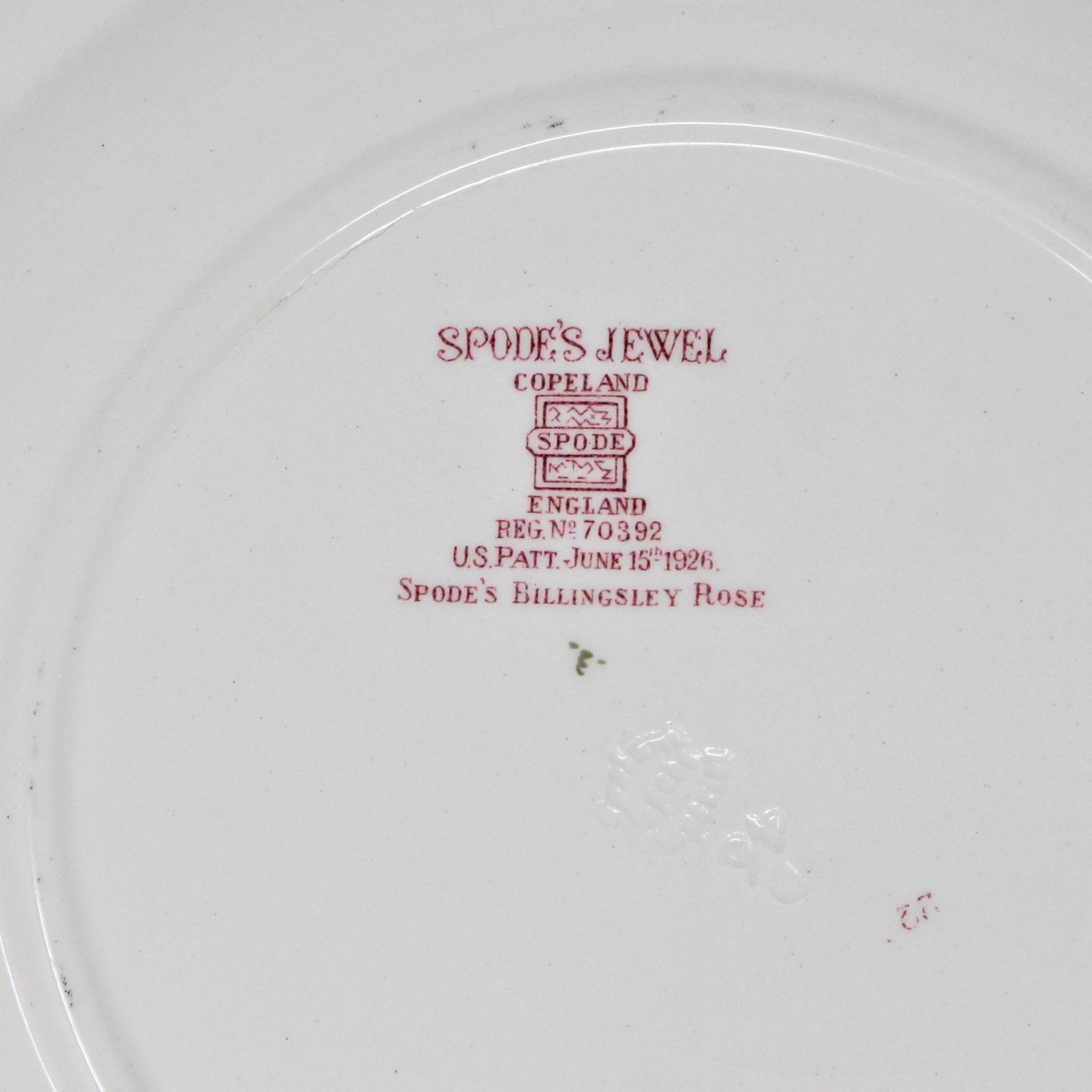 Spode Billingsley Rose large dinner plate made in England. Old red hot mark from the 1920s.